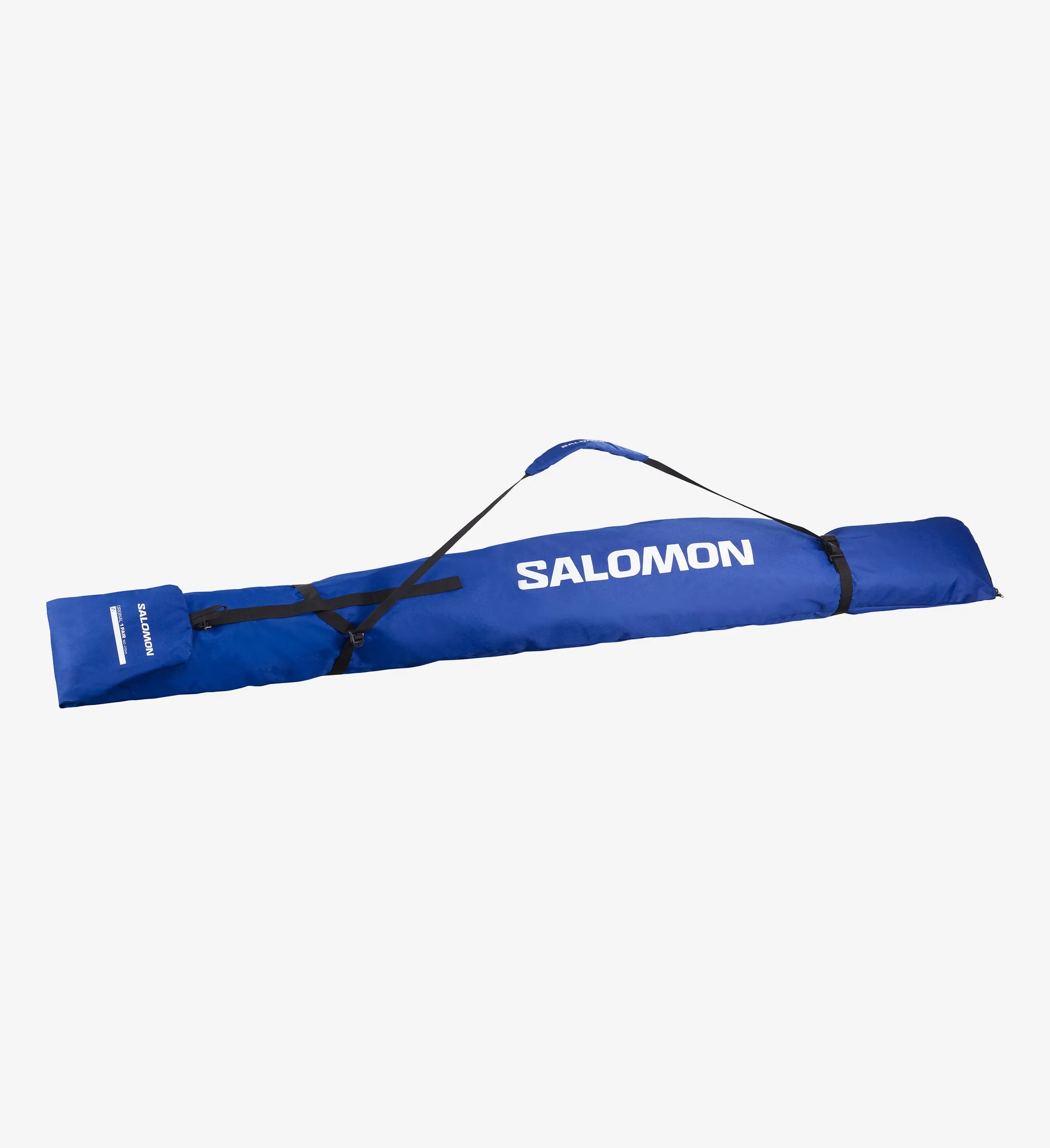 Blue Salomon ski bag, horizontal, with carrying strap and white logo.