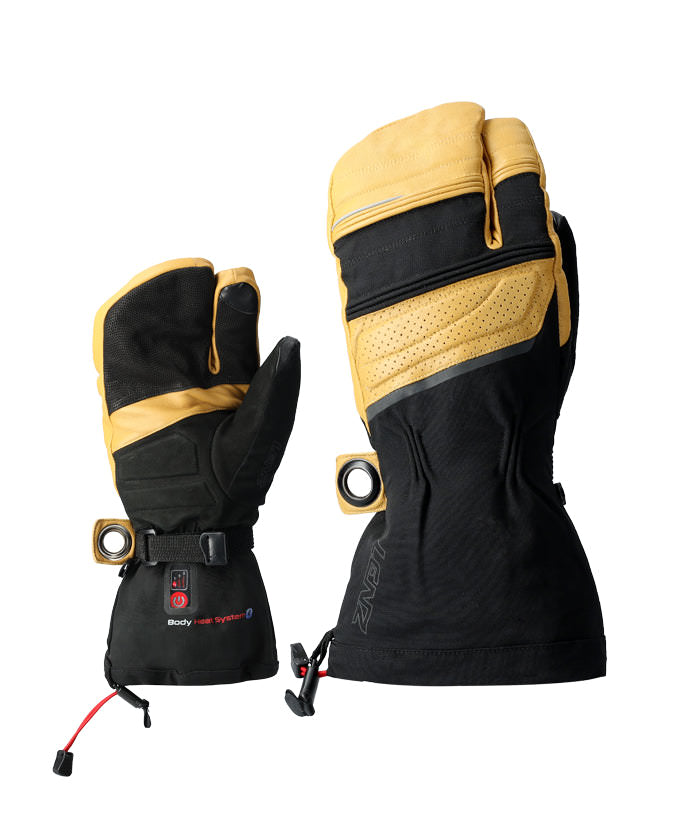 Zwei Lenz Heat Lobster Handschuhe, schwarz-beige, linker Handschuh mit sichtbarem Heizsystem.