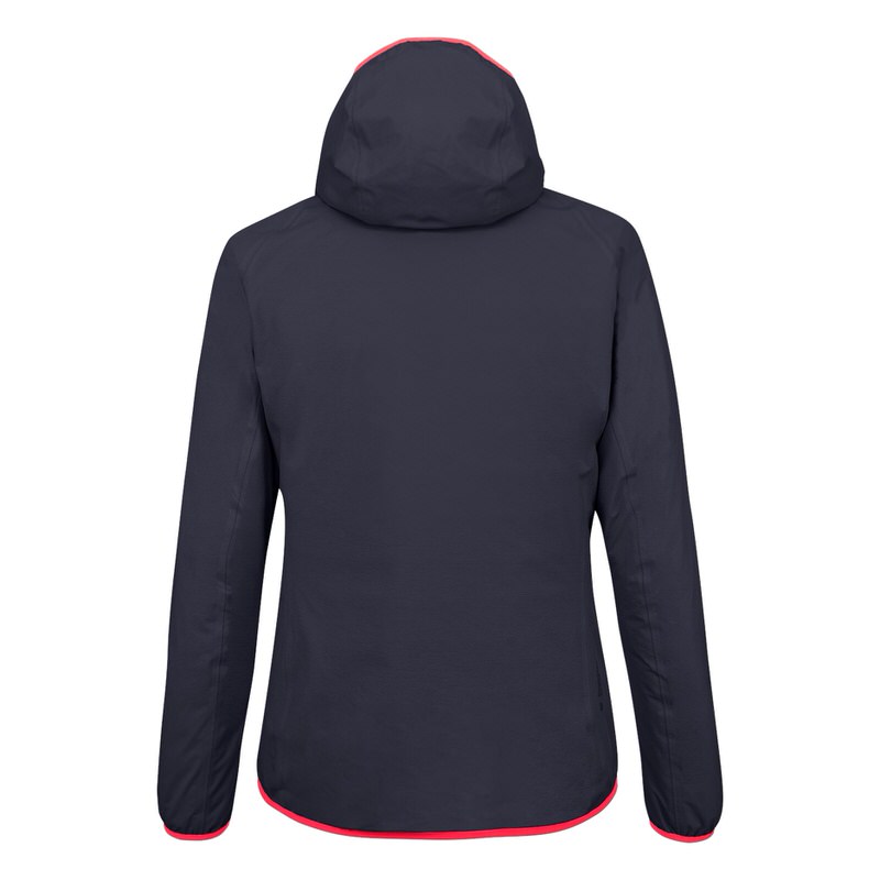Veste Navy Puez Light Powertex vue de dos avec capuche et bordure rouge à la capuche et à l'ourlet.