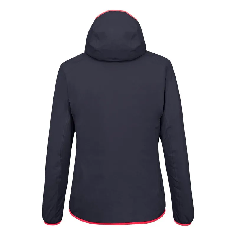 Veste Navy Puez Light Powertex vue de dos avec capuche et bordure rouge à la capuche et à l'ourlet.