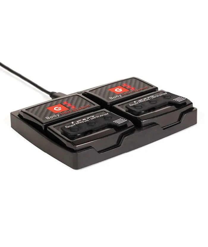 Schwarze Ladestation mit zwei Lithium Packs rcB 2000 zum Laden, verbunden mit einem Kabel.