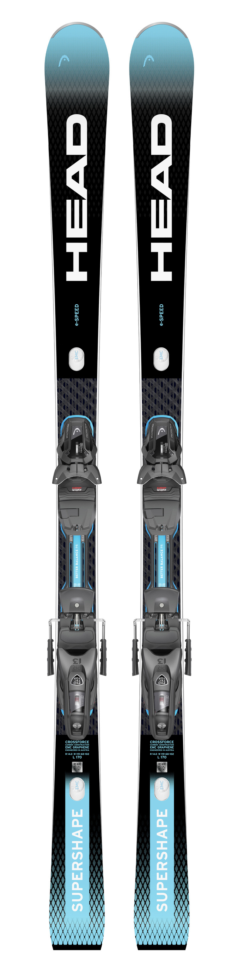 Zwei Head Supershape e-Speed Ski mit montierter Bindung von oben. Das Design ist Schwarz, Weiss und Türkis.