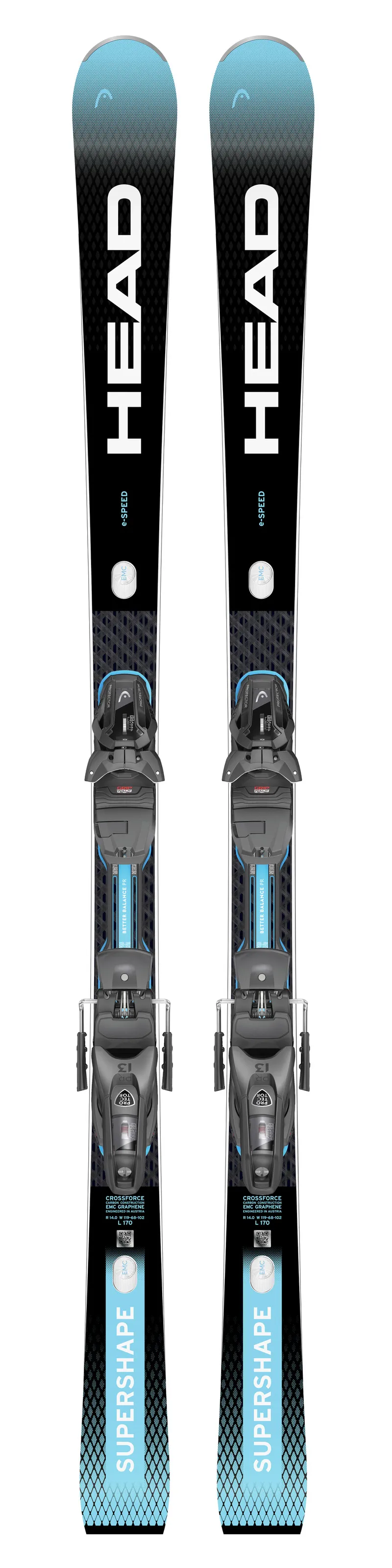 Deux Head Supershape e-Speed Ski avec fixation montée par le haut. Le design est noir, blanc et turquoise.