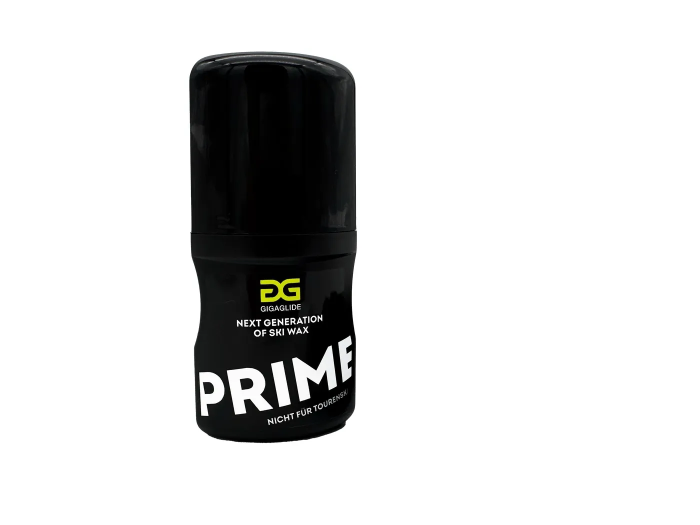 Schwarze Flasche Skiwachs mit Aufschrift "DG Gigaglide Next Generation of Ski Wax Prime. Nicht für Tourenski."