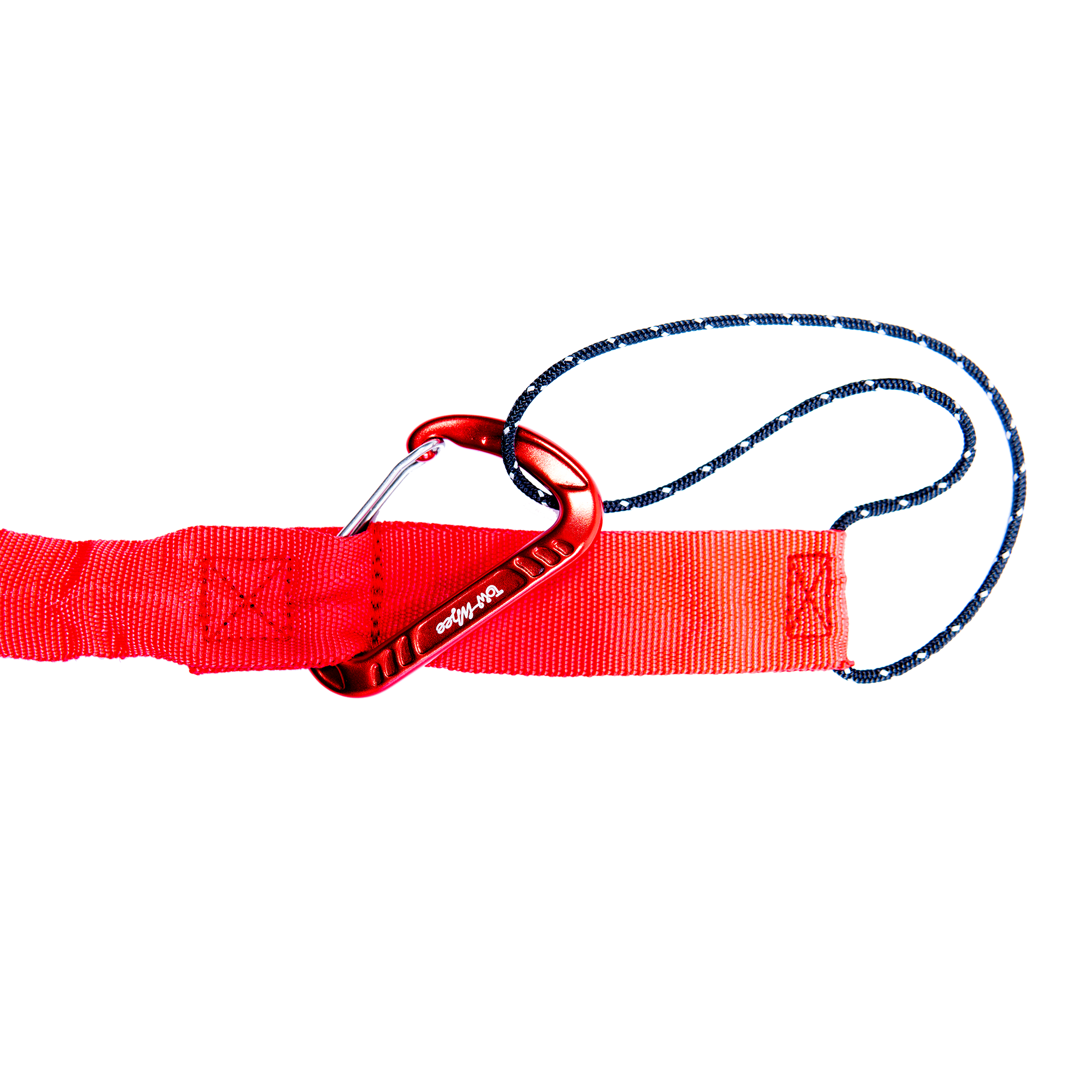 Nahaufnahme des TowWhee CONNECT Systems. Rotes Gurtband mit Karabiner und einer blauen Schlaufe.