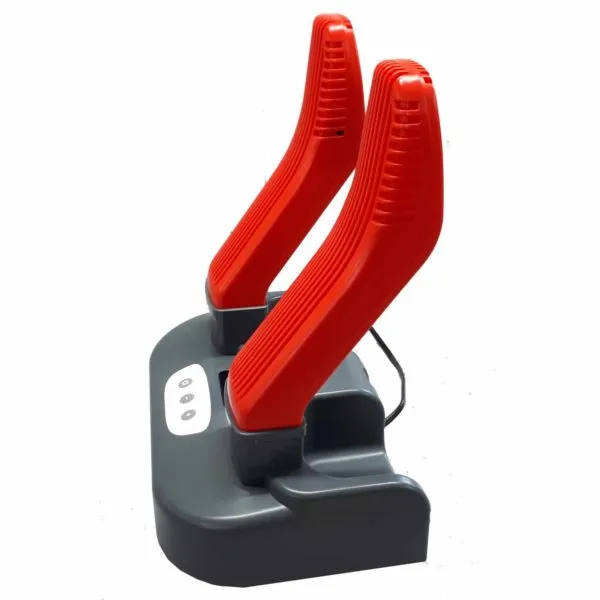 Séchoir à chaussures, gris avec deux bras de séchage rouges. L'appareil TECH DRY est posé sur une surface blanche.