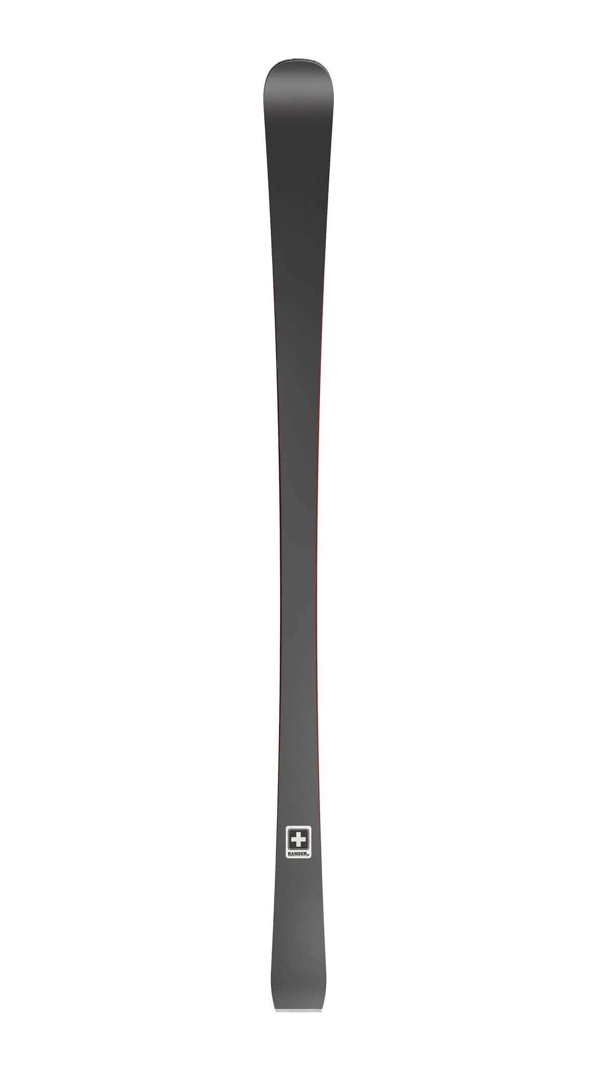 Ski Ramser RED SL von vorne, grau mit roter Kante und Schweizer Kreuz Logo unten.