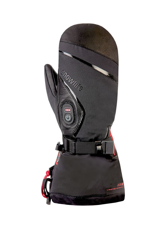 Schwarzer Snowlife Heat GTX Mitten, beheizbarer Fausthandschuh mit Bedienknopf und Gurt.