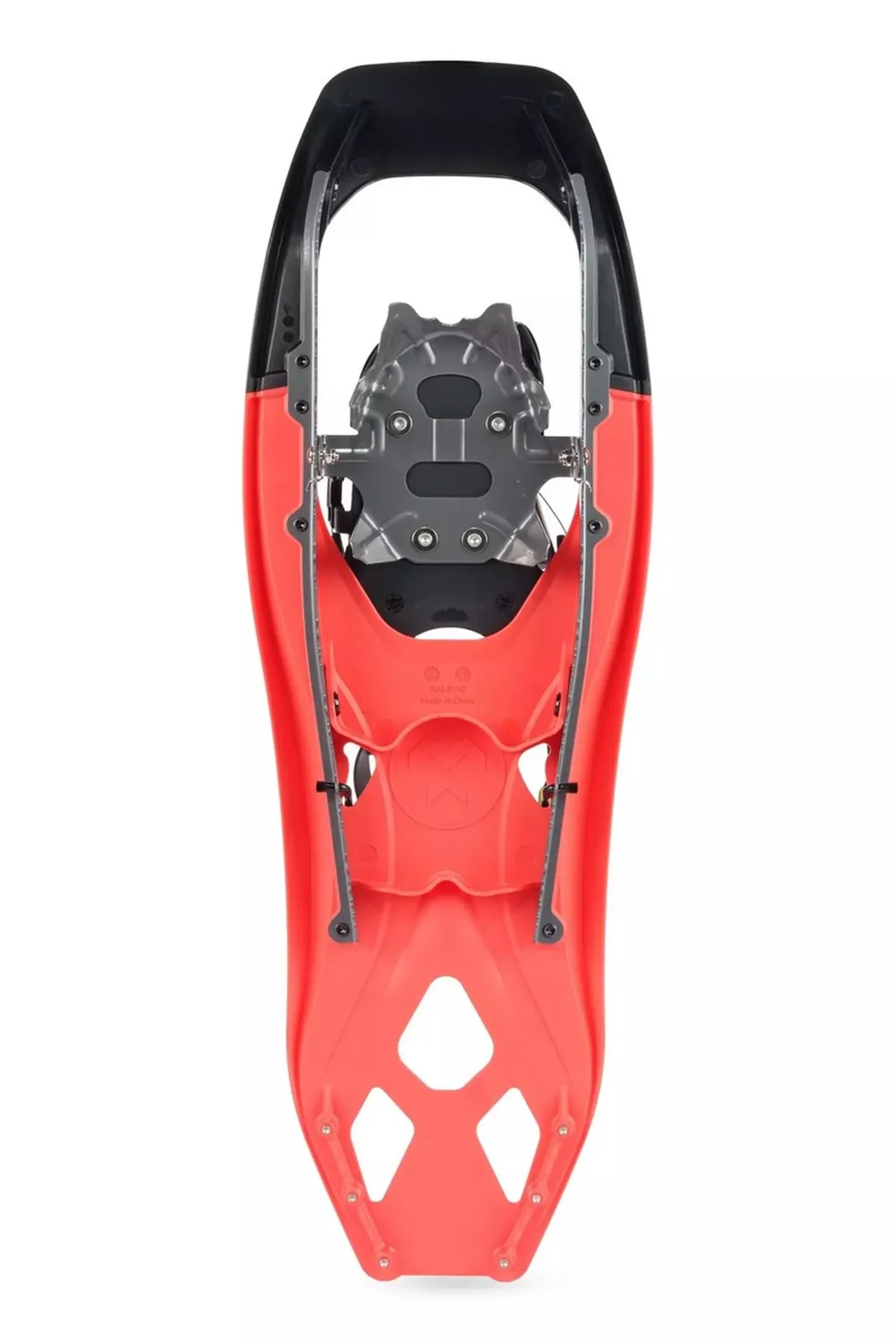 Top view of a coral-colored Tubbs VRT 21 women's snowshoe with black binding and frame.
