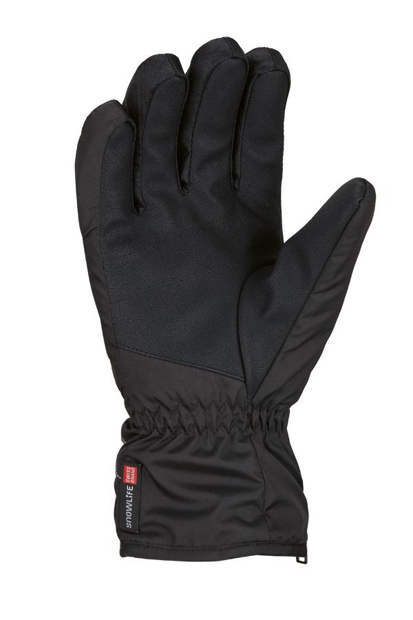 Schwarze Snowlife Handschuhe Schwarzer Snowlife Vivid Glove, Handfläche nach oben, aus Textil und PU, mit Gummizug am Handgelenk.