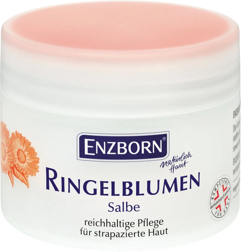 Barattolo bianco di unguento alla calendula di Enzborn con illustrazione della calendula.