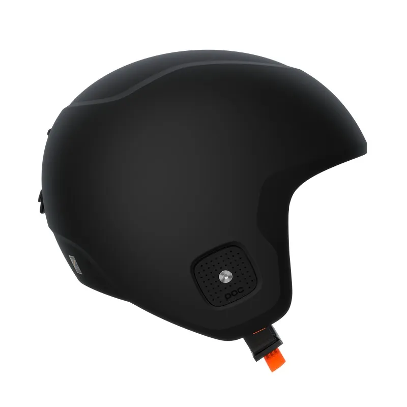 Black ski helmet with orange buckle, POC logo on the side and subtle, darker stripe on top.