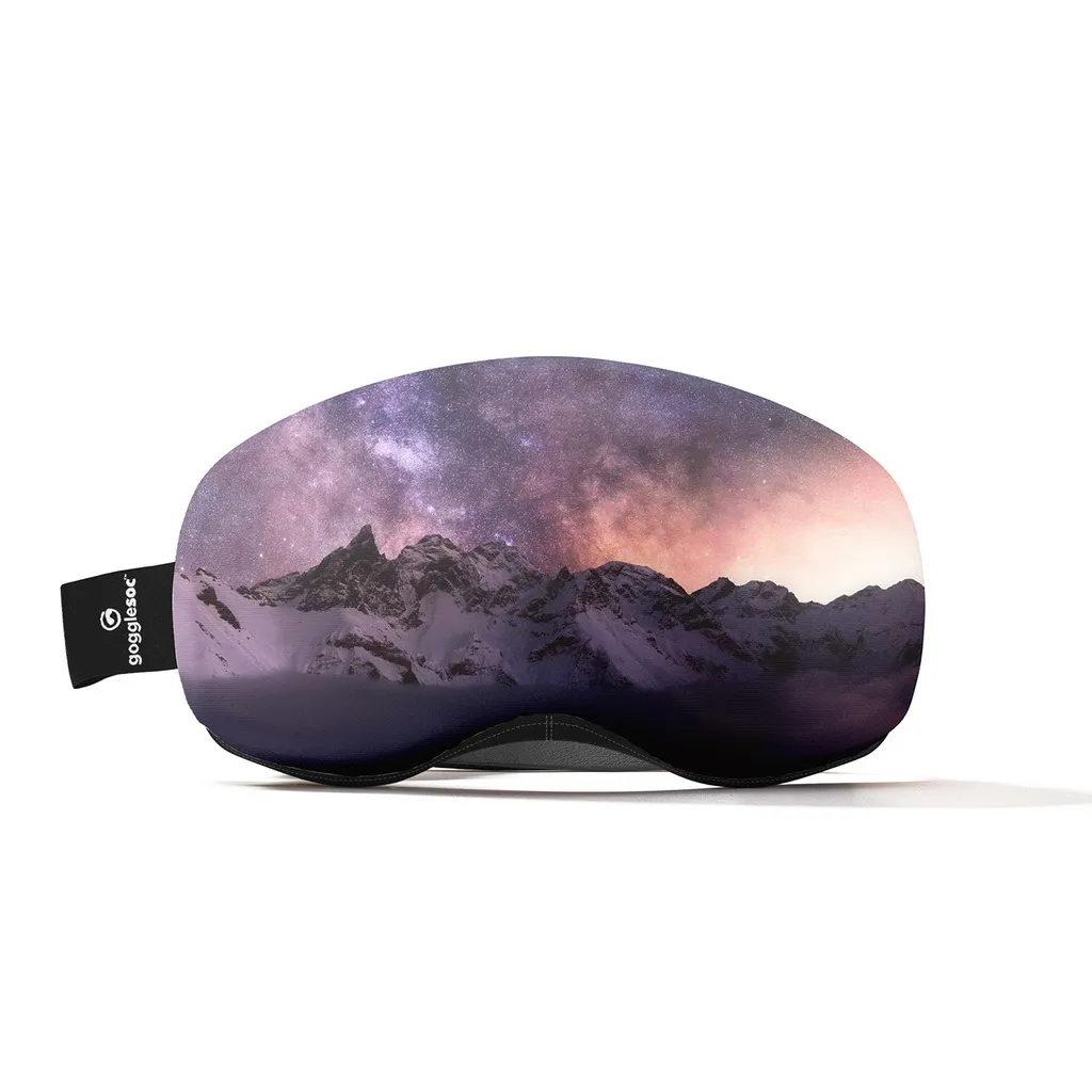 Protective ski goggle cover with starry sky and mountain motif, "Starry Nights Pro Soc", with black label on the side.