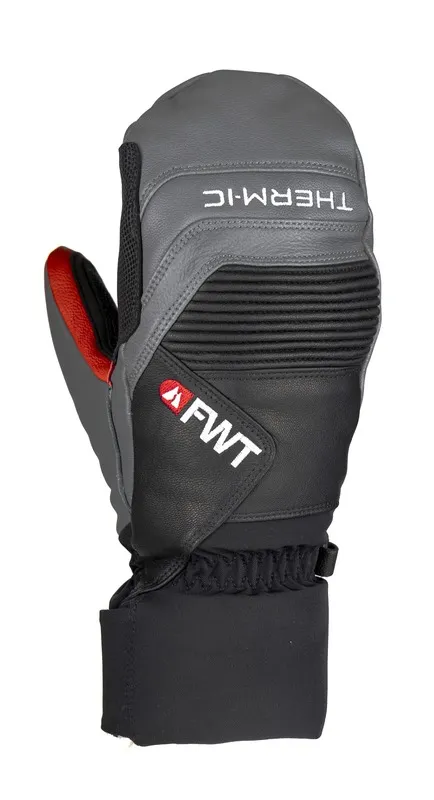 Gray-black freeride mittens with FWT logo and Therm-ic lettering. Red details. Robust design.