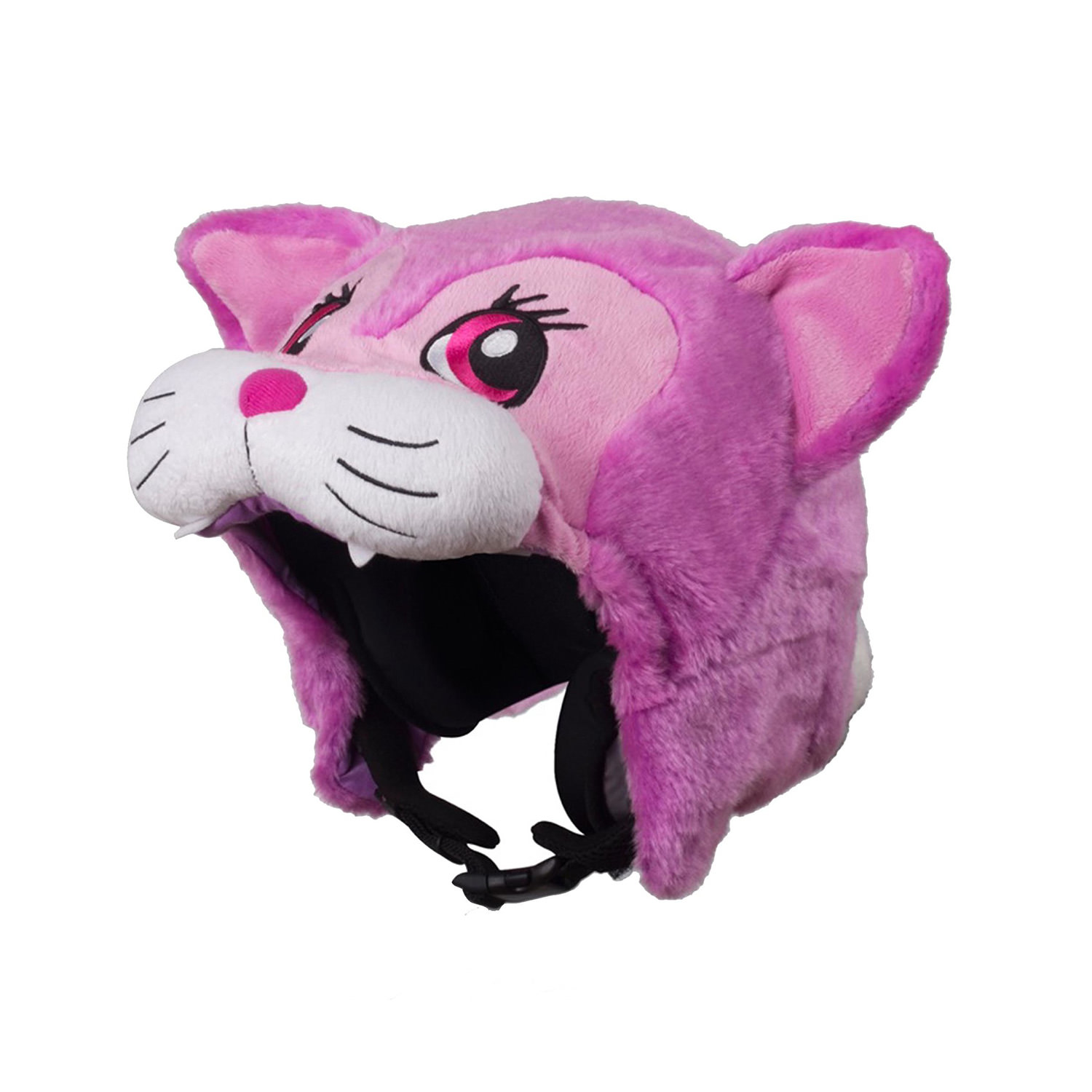 Helm mit rosa Katzen-Überzug, der die Form eines freundlichen Katzenkopfes mit Ohren, Augen und Schnurrhaaren hat.