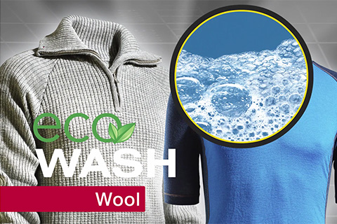 Wollbekleidung und Merinowäsche mit Logo Eco Wash, mit Schaumblasen.