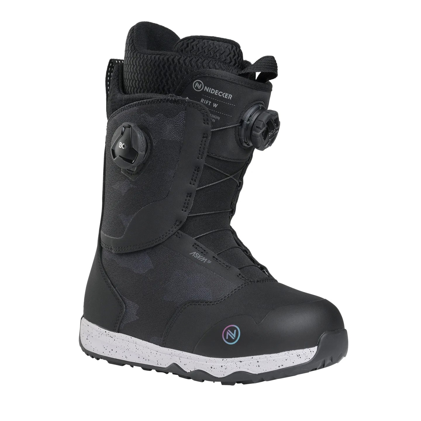 Schwarzer Nidecker Rift W Snowboardschuh mit Dual-Dial BOA System und weißer Sohle.