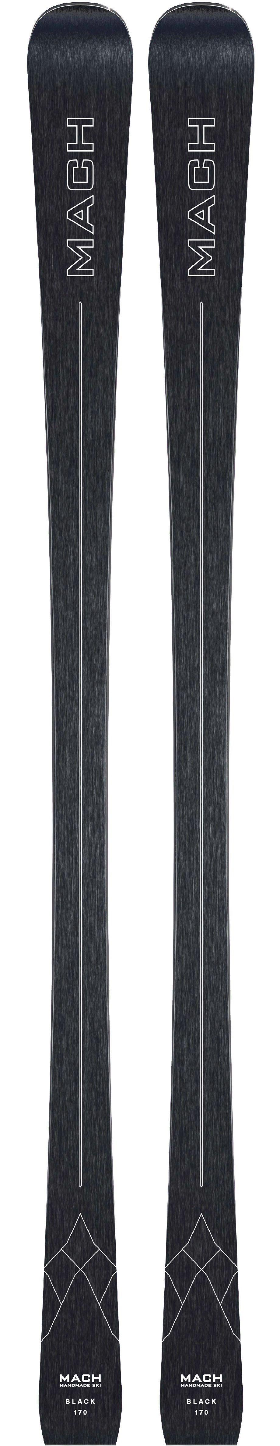 Zwei schwarze Ski der Marke MACH, mit weißer vertikaler Linie und geometrischen Mustern.