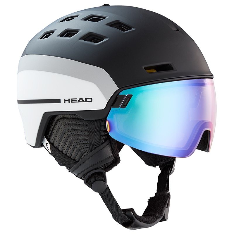 Schwarzer Porsche Skihelm mit integriertem, farbigen Visier. Der Helm hat Lüftungsschlitze und das HEAD-Logo ist sichtbar.