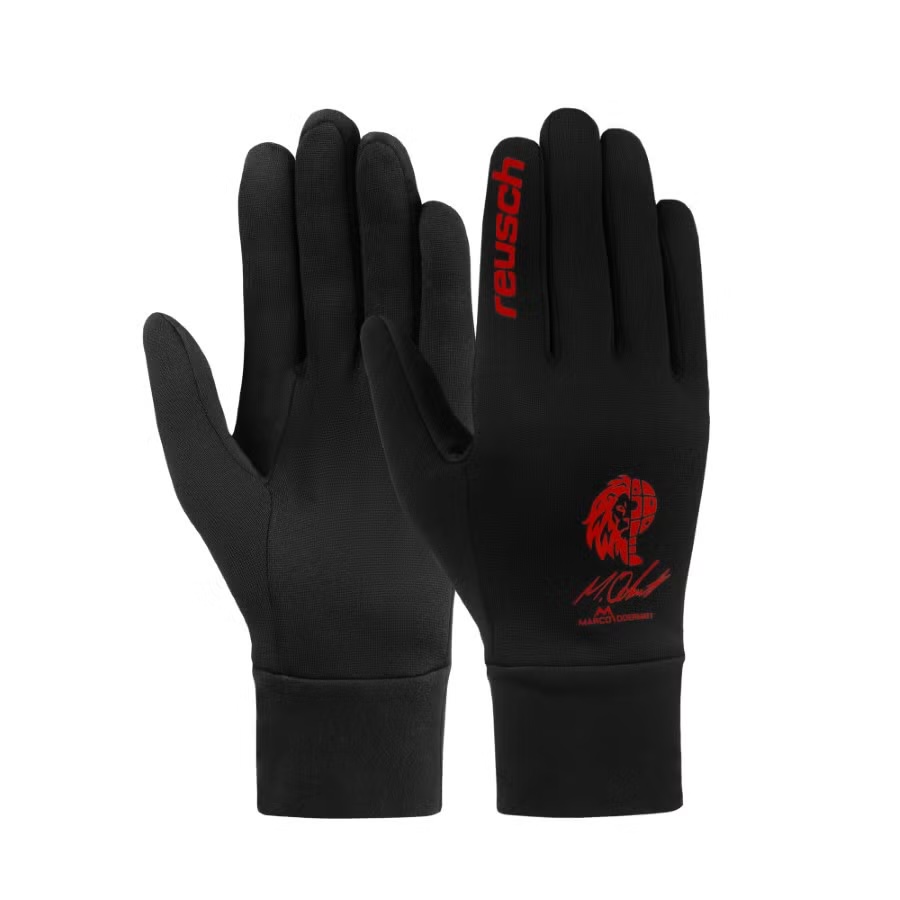 Schwarze Fleecehandschuhe Schwarze Reusch Fleece Touch-Tec Handschuhe mit rotem Logo und Unterschrift.