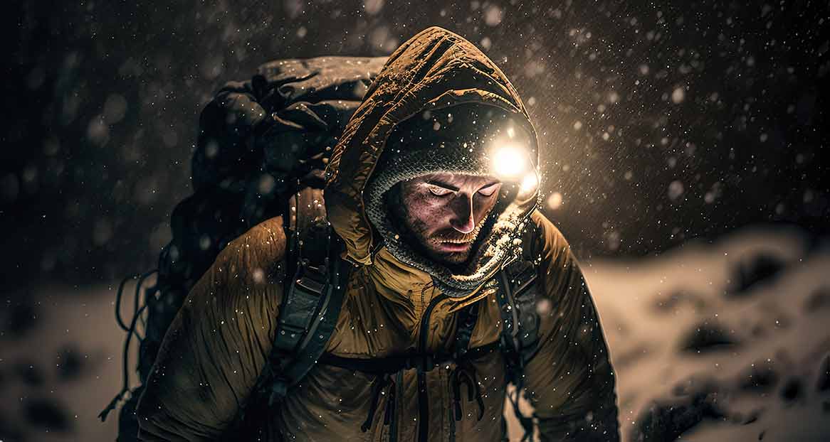 Un homme avec un sac à dos et une lampe frontale dans la neige qui tombe. La lampe éclaire son visage. Il porte une capuche.