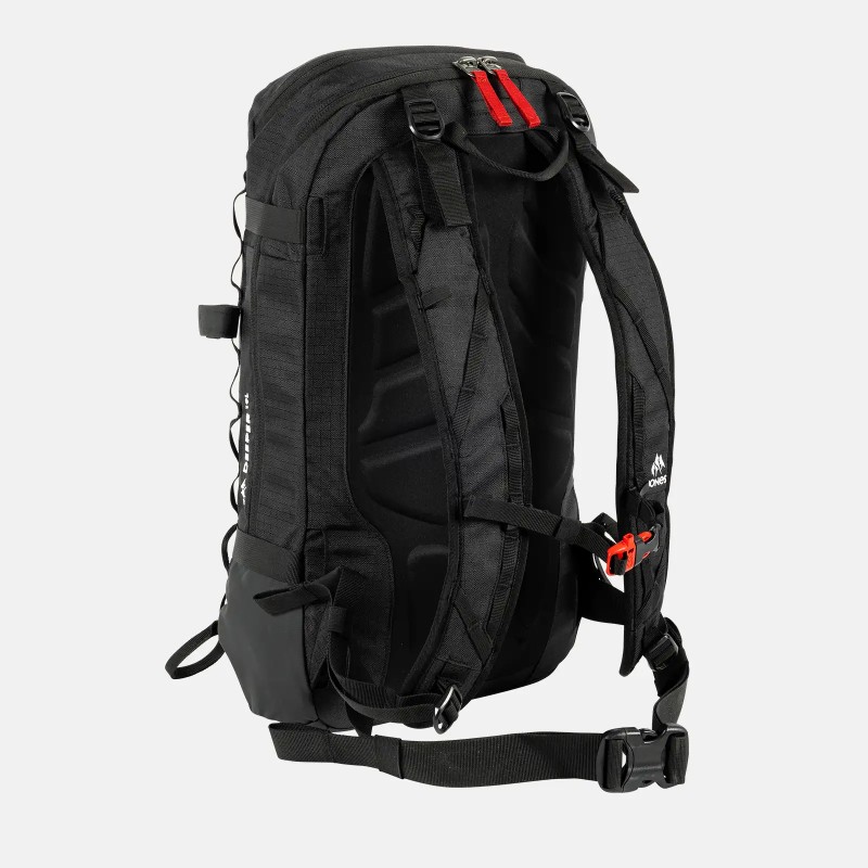Schwarzer Jones Deeper 19L Backpack, Rückansicht mit Schultergurten und roten Akzenten an Reißverschlüssen und Verschlüssen.