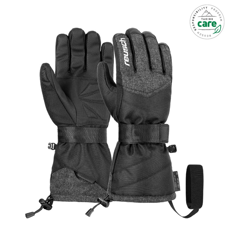 Zwei Reusch Snowboard-Handschuhe, schwarzes und graues Kunstleder, mit Riemen und Kordelzug.