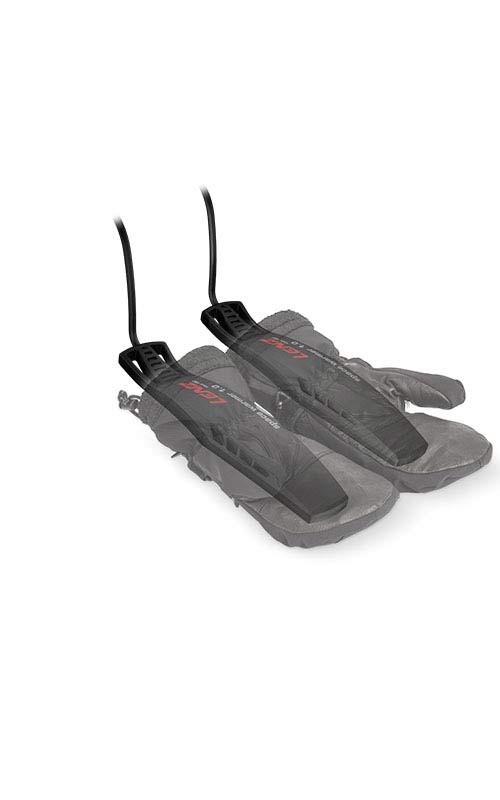 Deux Lenz Space Warmer 1.0 avec des câbles sont posés sur des gants. Les Warmers ont des ailettes chauffantes et une inscription rouge.