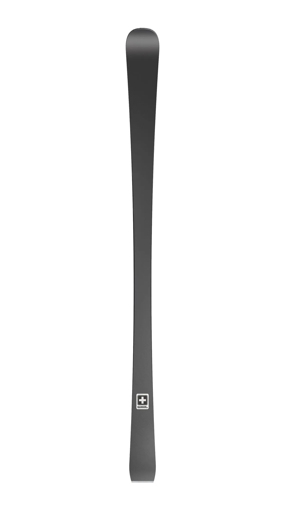 Black ski from the front, with rounded tip and logo at the bottom.