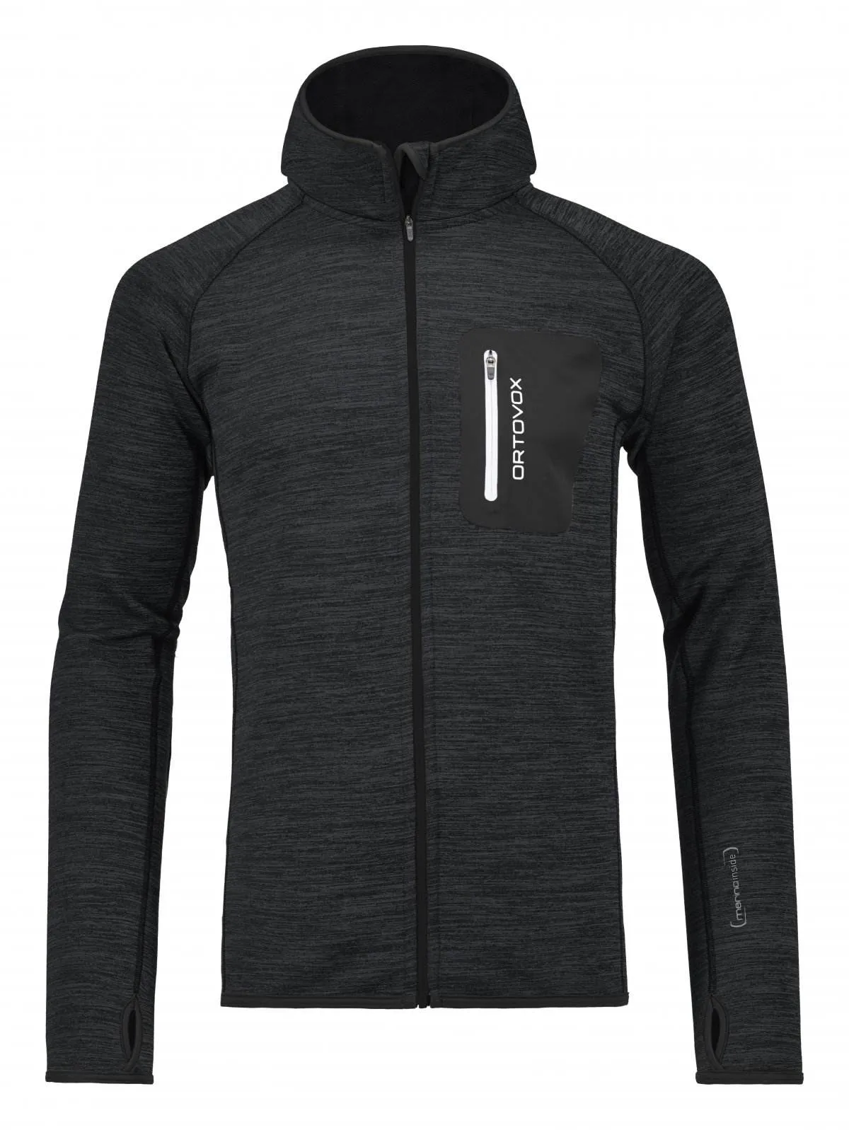 Schwarzer Ortovox Fleece Melange Hoody mit Kapuze, durchgehendem Reißverschluss und Brusttasche.