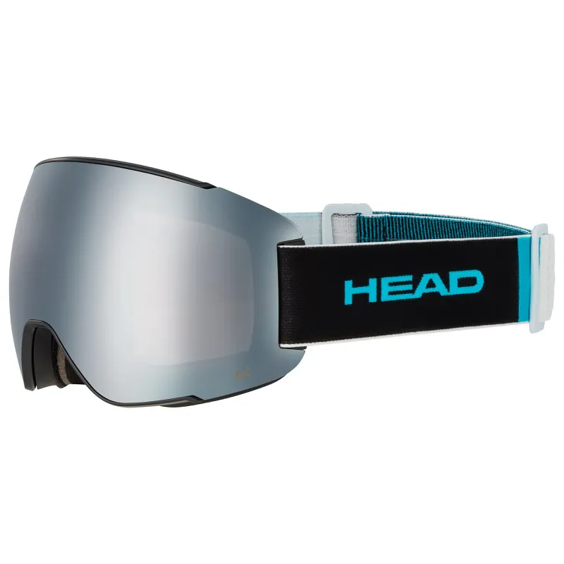 Silver Head Sentinel 5K RD+SL Chrome ski goggles, side view with blue and black strap.