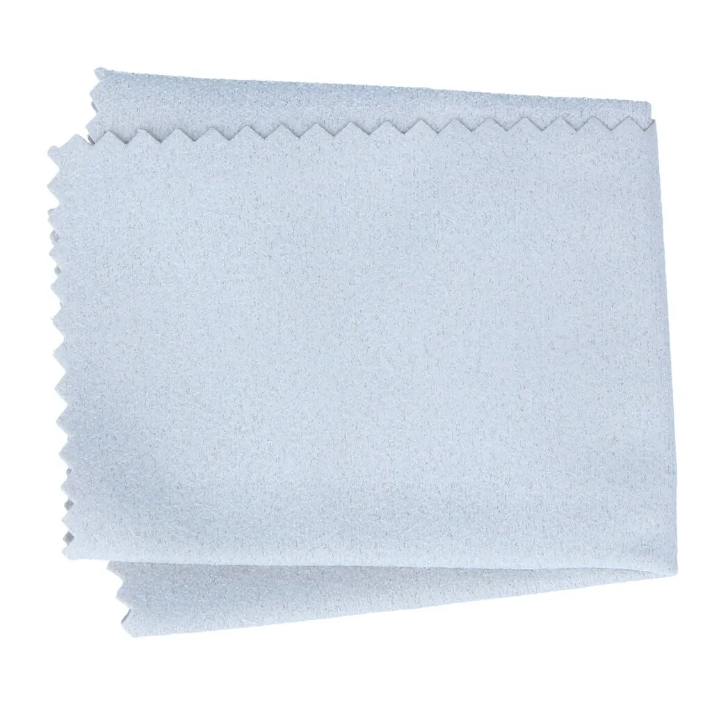 Light blue, folded microfiber anti-fog cloth with serrated edge.