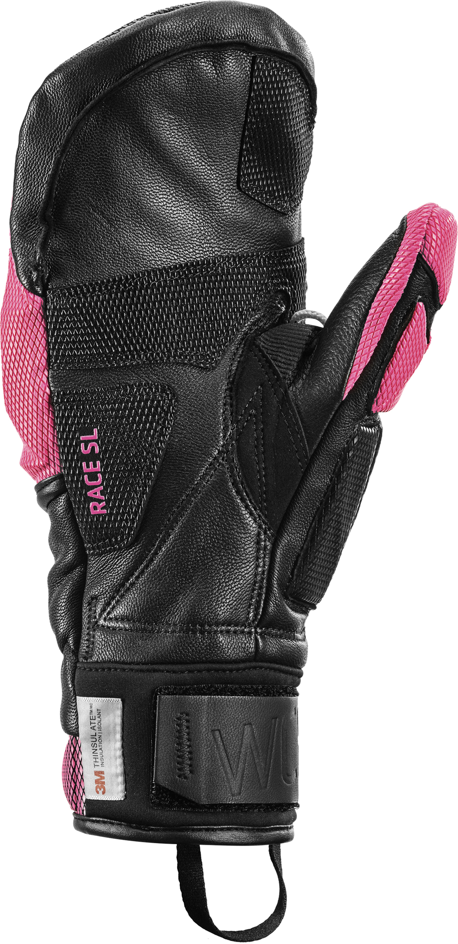 Nahaufnahme eines schwarzen Leki WCR Venom SL 3D Mitt Handschuhs mit pinken Details.