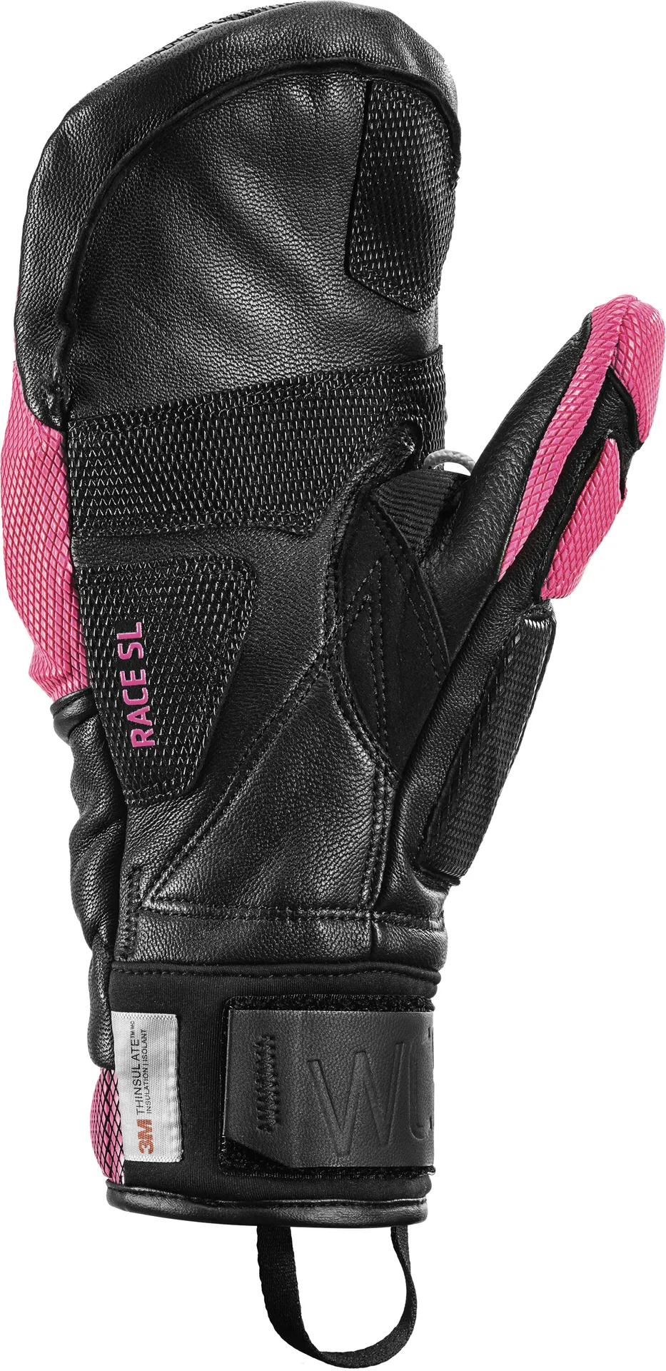 Primo piano di un guanto Leki WCR Venom SL 3D Mitt nero con dettagli rosa.