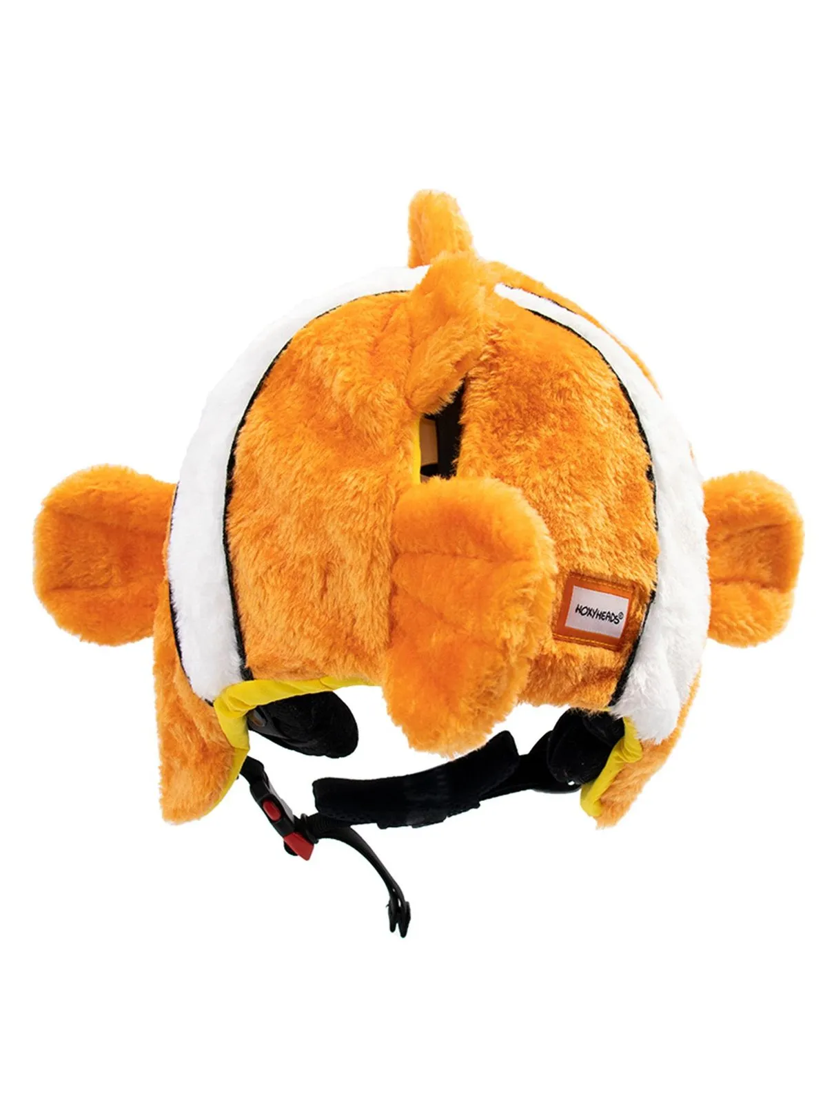 Skihelm-Überzug als Clownfisch. Orange mit weißen Streifen, seitliche Flossen und eine Öffnung für die Skibrille am Hinterkopf.