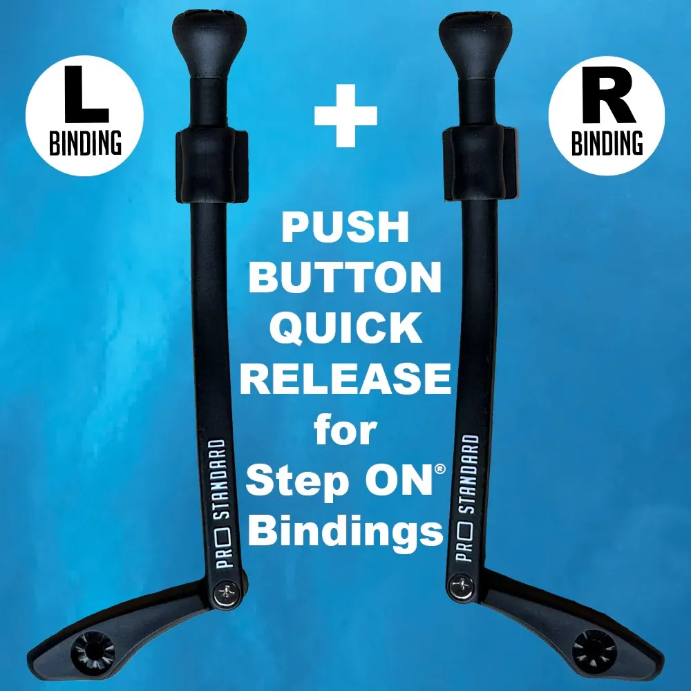 Two black, rod-shaped " Pro Standard " quick-release buttons for Step ON® snowboard bindings. Labeled "L BINDING" on the left and "R BINDING" on the right. In the center: "PUSH BUTTON QUICK RELEASE".