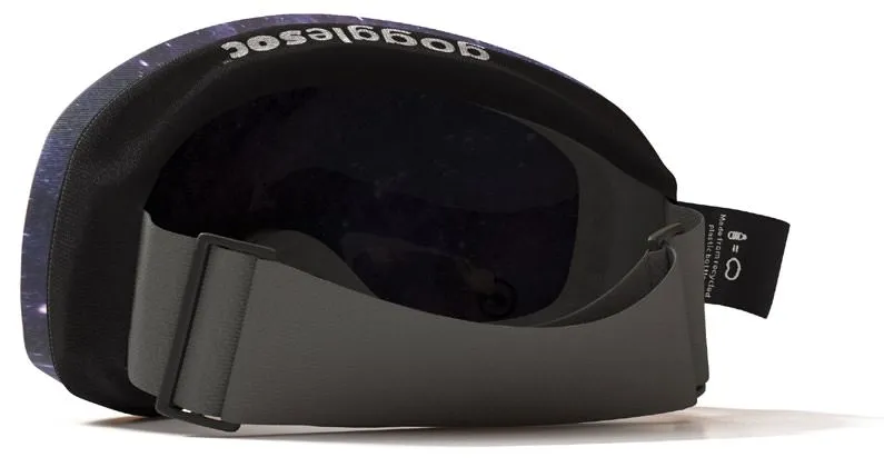 Interior view of ski goggles with gray strap and galaxy pattern on the frame.