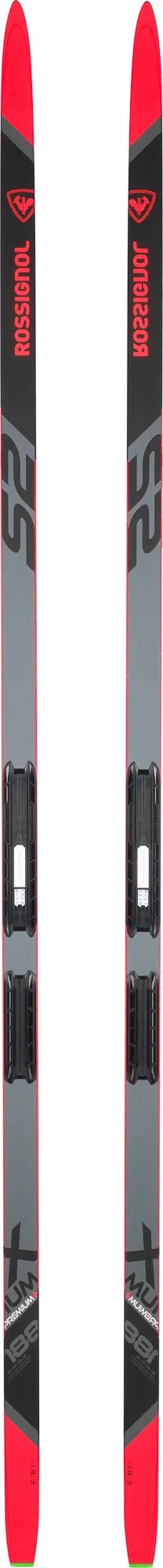 Two Rossignol X-IUM Skating Premium Skis, red-grey, with mounted binding plates, front view.