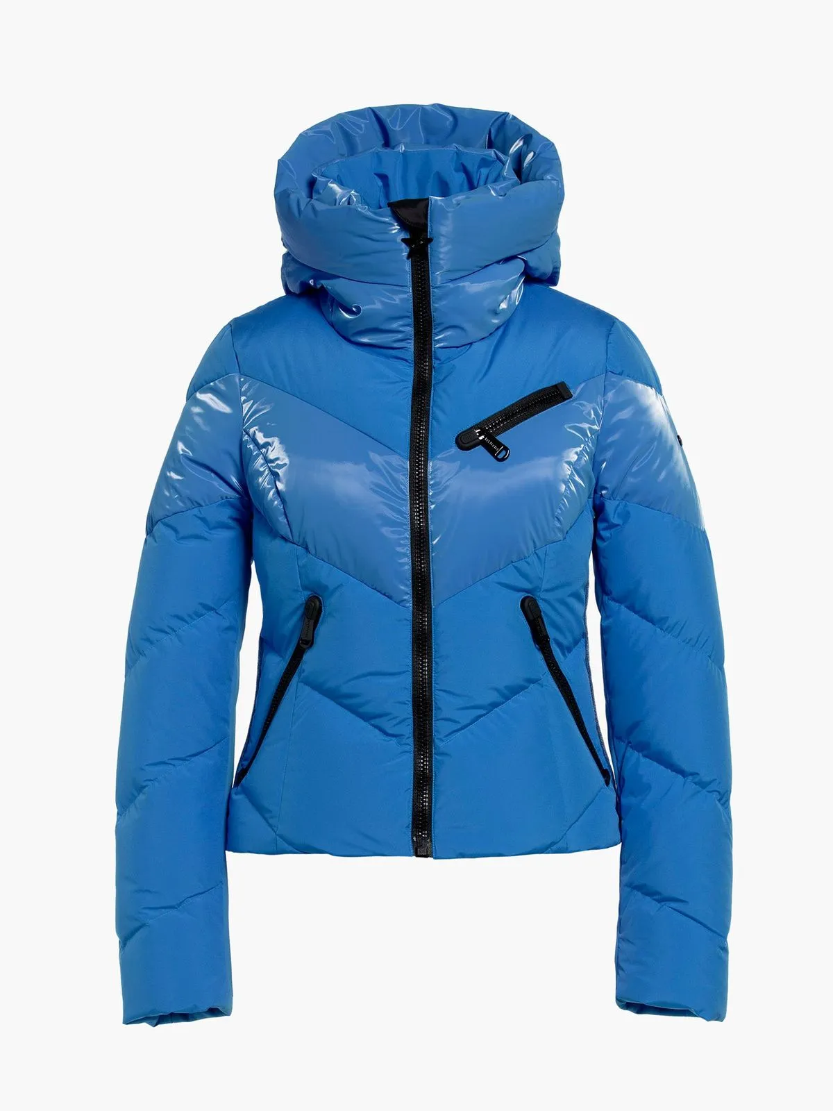 Blaue, gesteppte Moraine Ski Jacket mit hohem Kragen und schwarzen Reißverschlüssen.