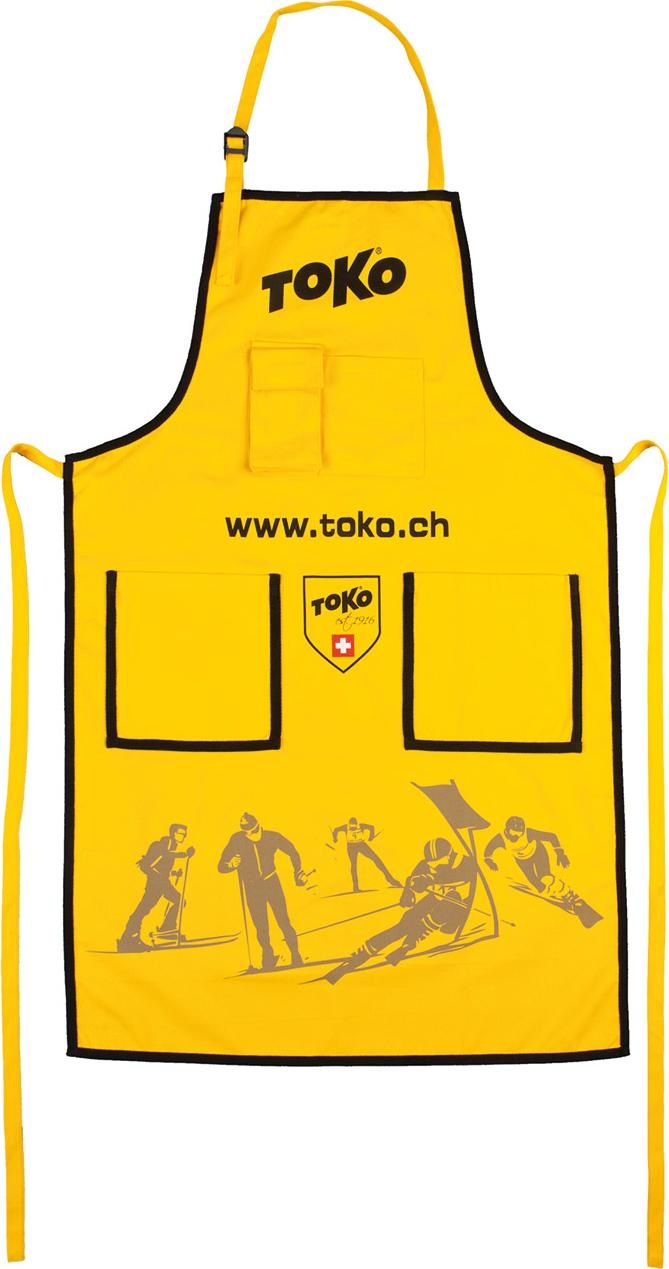 Grembiule da officina giallo Toko con logo, sito web, due tasche e motivi grafici di sciatori.