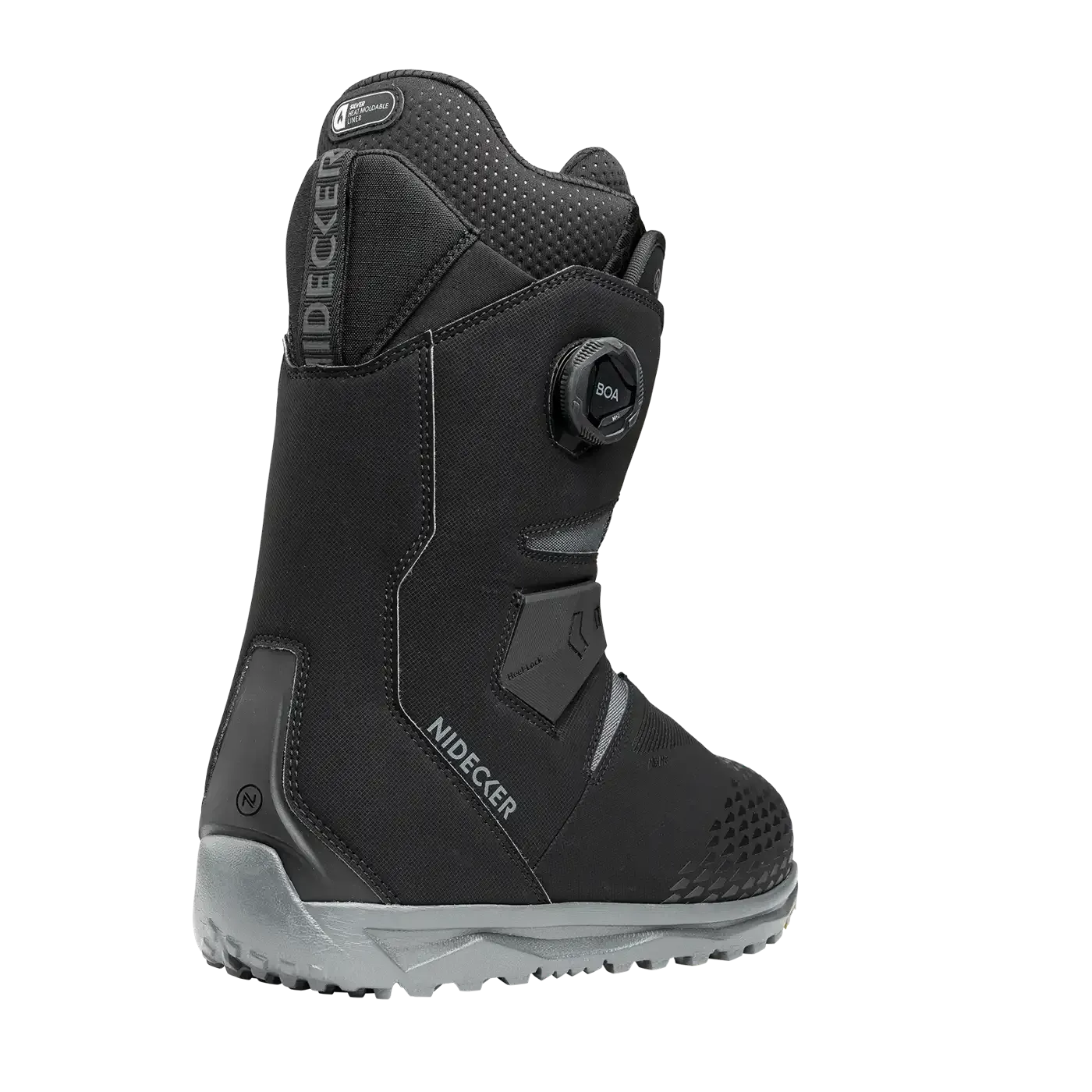 A black snowboard boot from Nidecker, side view, with gray sole and BOA closure, against a white background.