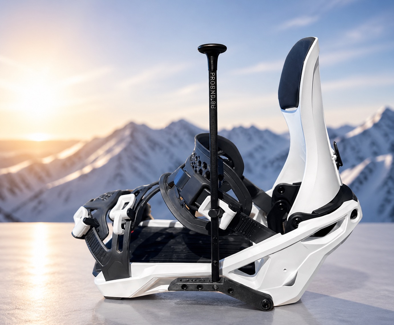 Weiß-schwarze Snowboardbindung auf reflektierender Fläche. Dahinter schneebedeckte Berge im gold-orangen Sonnenlicht unter dramatischem Himmel. Mittig ragt eine schwarze Stange mit PROGMND.RU heraus.