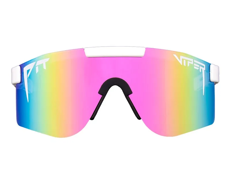 Occhiali da sole Pit Viper "Miami Nights" bianchi con lenti color arcobaleno.