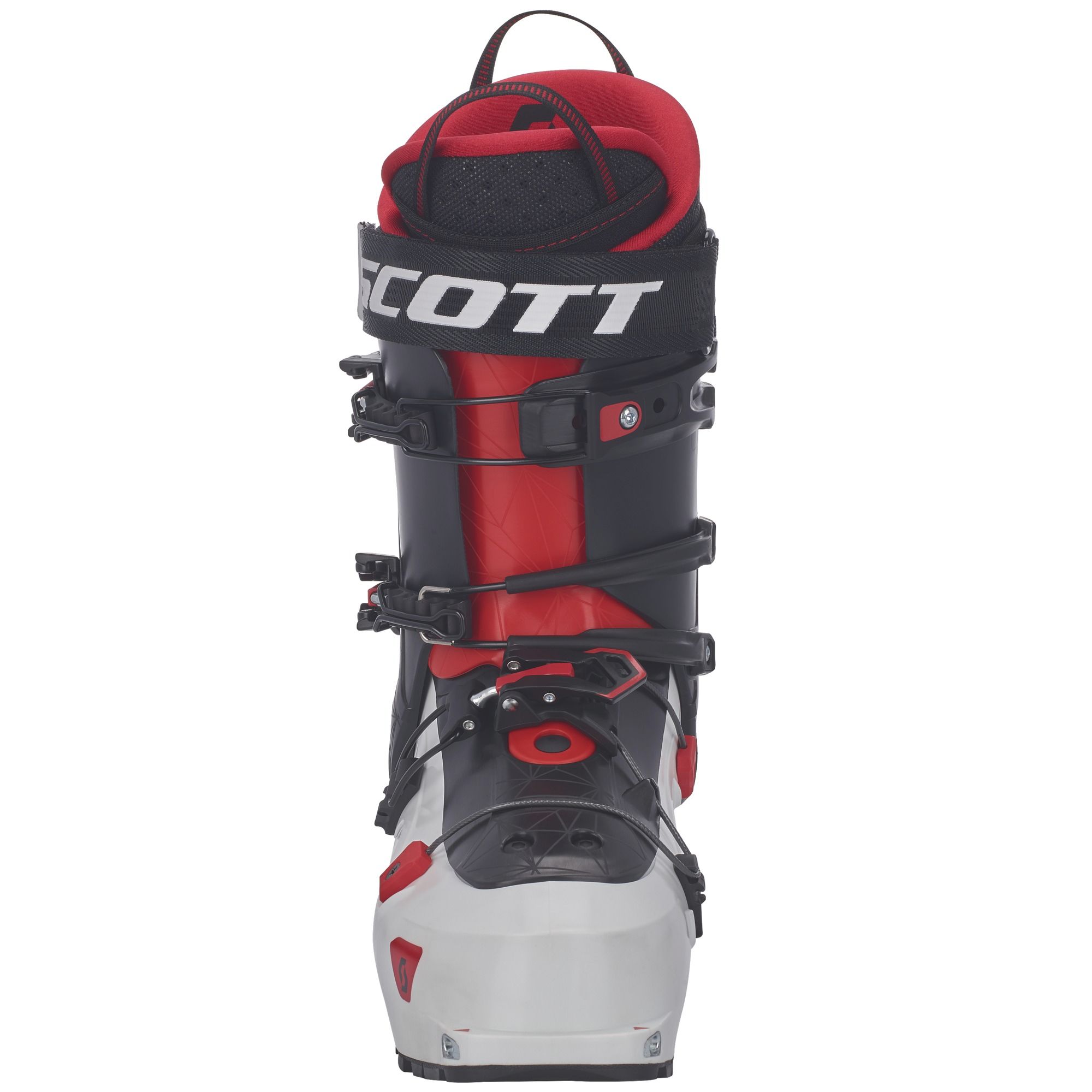 Scott Cosmos Tourenskischuh Frontansicht des Scott Cosmos Tourenskischuhs in Schwarz, Rot und Weiß mit Schnallen.