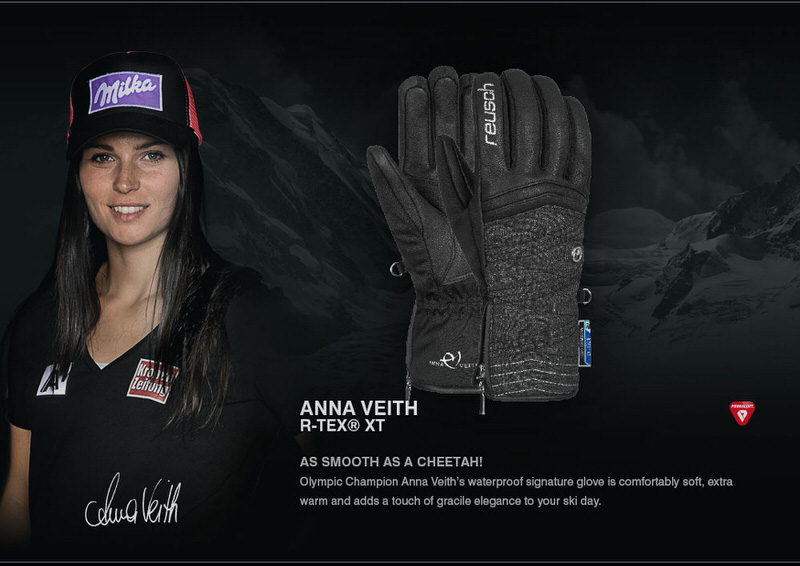 Schwarzer Reusch Anna Veith R-TEX XT Handschuh, daneben eine Frau mit Mütze vor einem Bergpanorama.