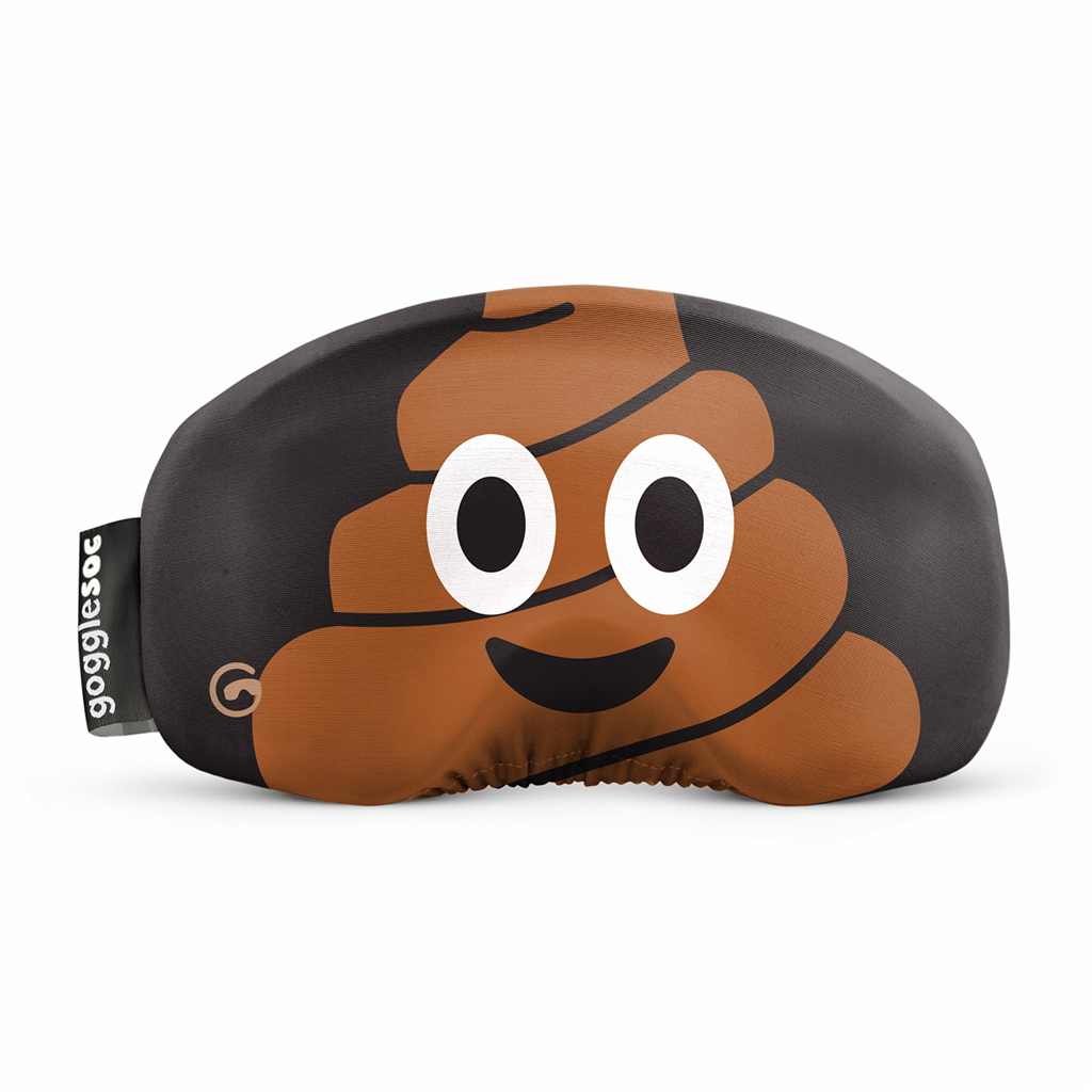 Poop Soc: Skibrillen-Schutzhülle mit Kot-Emoji und Augendesign auf grauem Hintergrund.