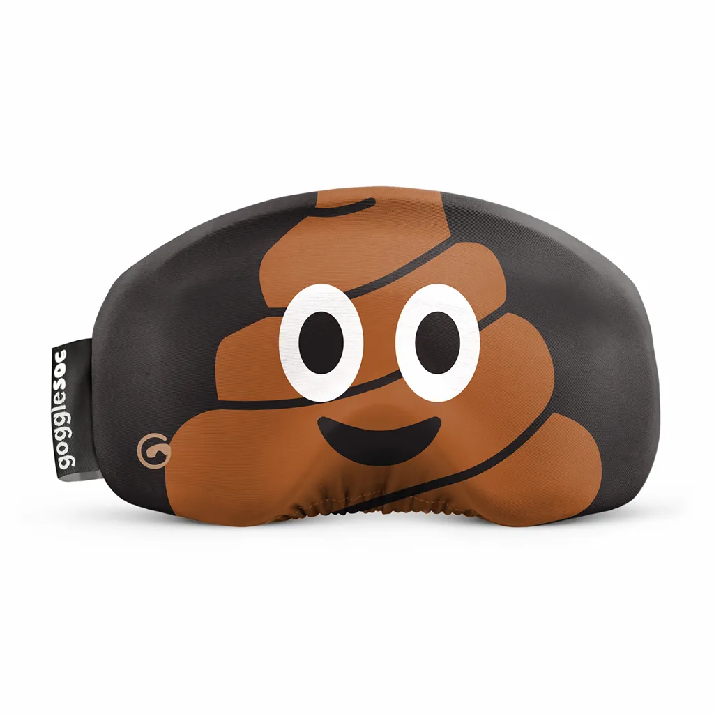 Poop Soc: Skibrillen-Schutzhülle mit Kot-Emoji und Augendesign auf grauem Hintergrund.