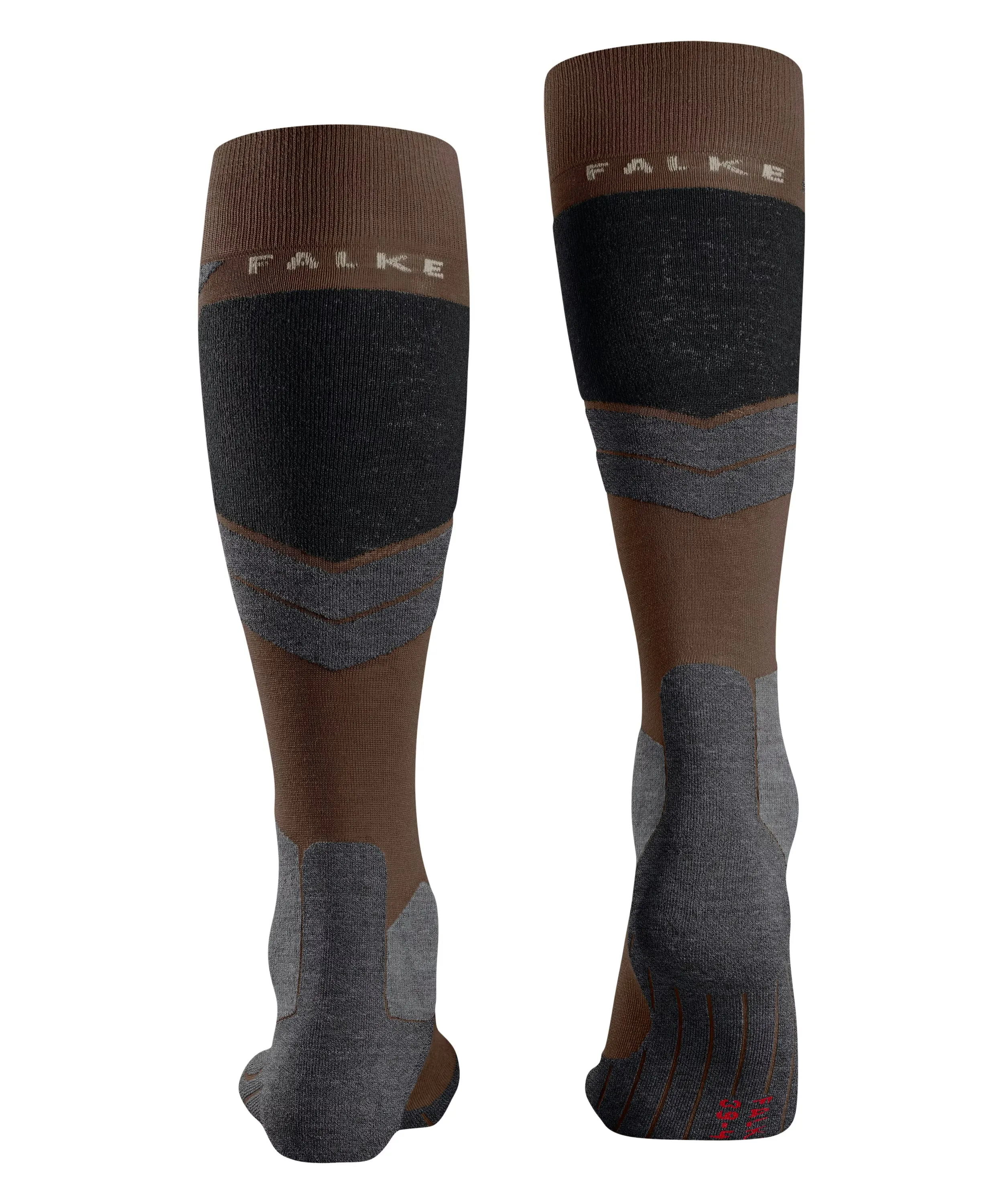 Knee-high socks, front and back: brown cuff, dark gray panel with white Falke logo, gray chevrons, and brown stripes. Leg: brown; heel and toe: medium gray. Red text details on the back.