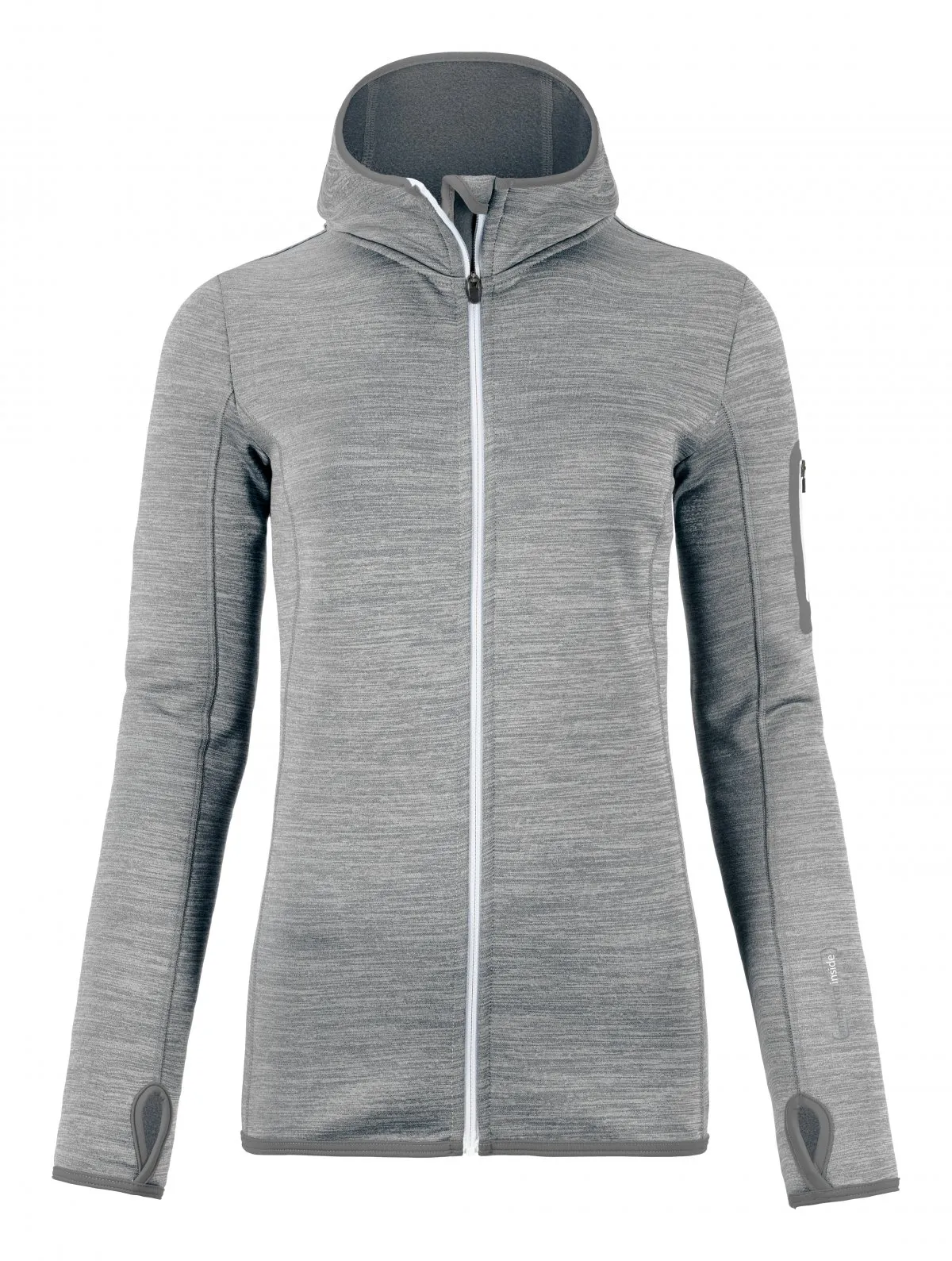 Grauer Melange Fleece Hoody mit weißem Reißverschluss und Kapuze, Ärmel mit Daumenschlaufen.