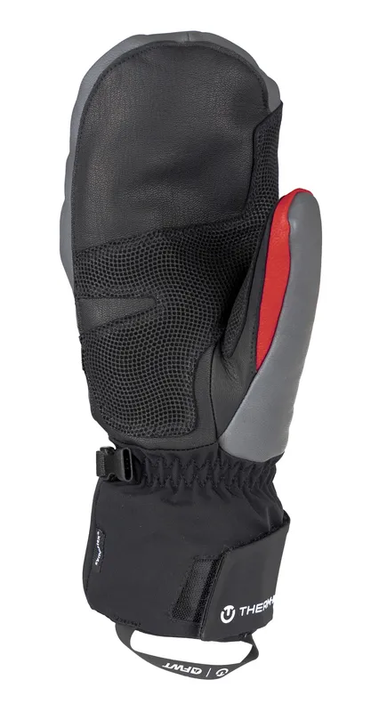 Vue détaillée : Therm-ic Freeride Extra Warm Mittens - FWT Edition. Moufles en noir, gris et rouge avec le logo Therm-ic.
